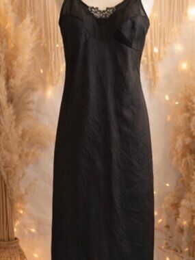Vintage Bendon Black Satin w/Lace Trim Dress Slip Size 14 Minimalist Y2K Classic